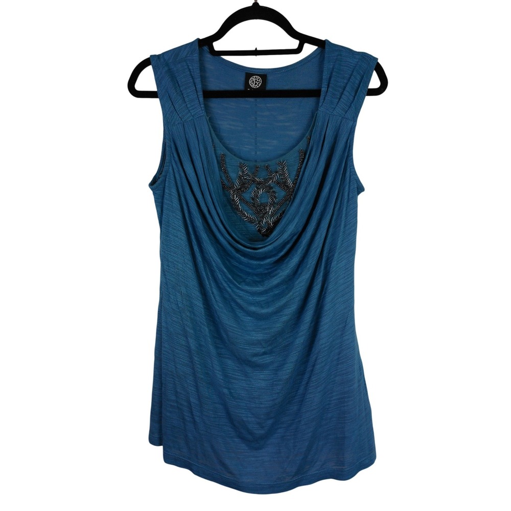 Bobeau Blue Beaded Cowl Neck Sleeveless Top Slub Knit Rayon 2739J44 Women Medium